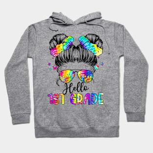 Hello 1st Grade Back To School Messy Hair Bun Girl Tie Dye Hoodie